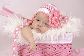 Baby girl, white, cute, baby, girl, copil, little, basket, pink, flower, child, hat HD wallpaper