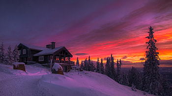 mountaintop home in a gorgeous sunset, winter, hose, trees, colors, sunset, mountain HD wallpaper