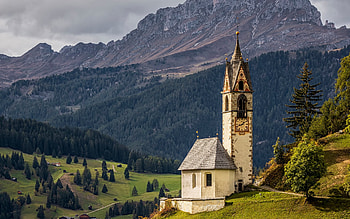 Church of La Val, South Tyrol, Dolomites, Alps, evening, sunset, mountain landscape, La Val, Italy HD wallpaper