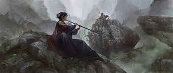 Flute singer, instrument, flute, fantasy, art, singer, girl, lin zheng, dark HD wallpaper