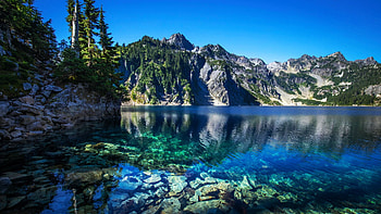 Snow Lake, Cascade Range, Washington, trees, rocks, water, reflections, usa HD wallpaper