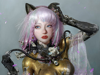 Cat girl, pink, art, fantasy, ears, girl, cat, ruan jia, golden, frumusete, luminos HD wallpaper