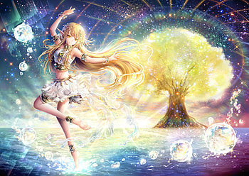Magical tree, anime, yellow, magical, girl, luminos, manga, tree HD wallpaper