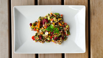 Colorful quinoa salad, Tangy dressing, Fresh ingredients, Hearty meal HD wallpaper