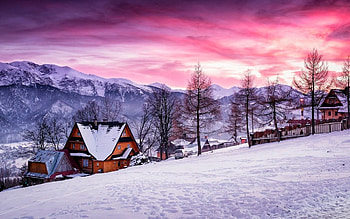 Tatra Mountains, Zakopane, Poland, sunset, snow, trees, clouds, sky, mountains, houses HD wallpaper