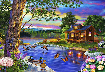 Peace River, ducks, artwork, birds, painting, trees, clouds, sky, cabin, flowers HD wallpaper