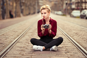 Girl With Camera Sitting On Tram Road, girls, model HD wallpaper