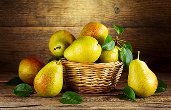 Still life, basket, leaves, pretty, yummy, beautiful, fruits, pears HD wallpaper