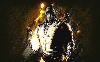 Scorpion, Mortal Kombat Mobile, Scorpion MK Mobile, Mortal Kombat, yellow stone background, Mortal Kombat Mobile characters, grunge art, Scorpion Mortal Kombat HD wallpaper