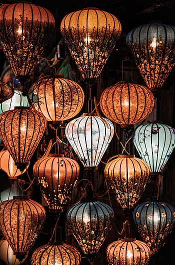 Vibrant traditional lanterns beautifully displayed, showcasing intricate patterns and warm colors. HD phone wallpaper