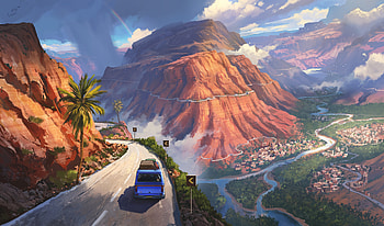 Campervan On Streets Of Zine, van, mountains, artwork, art, digital-art, artist, artstation HD wallpaper