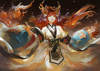 Mother of dragons, blue, youshun, naturaljuice, girl, tsubaki, orange, anime, fantasy, dragon, redhead, luminos, manga HD wallpaper
