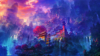 Oriental Mountain Temple, beautiful, digital, abstract, art HD wallpaper