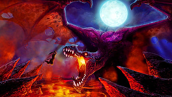 Leap of Faith, moon, fantasy, dragon, lava, warrior HD wallpaper