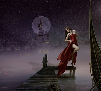 Dancing, boat, model, lamp, lite, lake, fog, moon, foggy, dock HD wallpaper