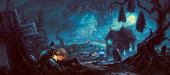 spooky night, halloween, man, trees, pumpkin, graveyard, castle HD wallpaper
