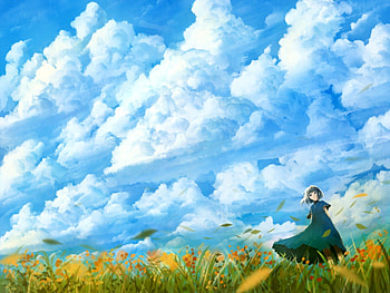 ~Cloudy Skies~, blue eyes, blue hair, girl, grass, dress, anime, short hair, clouds, sky HD wallpaper