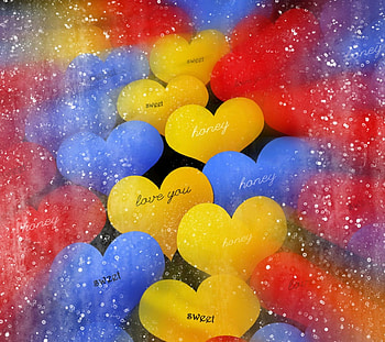 Lve is beside us, blue, moments, text, colors, special, day, love, yellow, red, hearts, romantic HD wallpaper