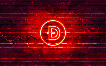 Dogecoin red logo, , red brickwall, Dogecoin logo, cryptocurrency, Dogecoin neon logo, Dogecoin HD wallpaper