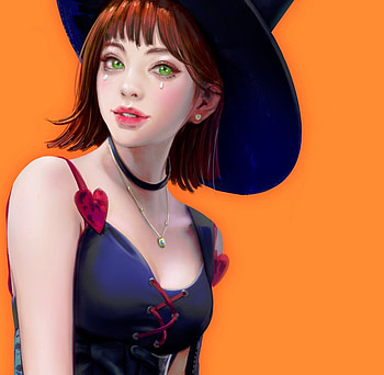 Witch, halloween, fantasy, art, face, girl, orange, hat, lightbox HD wallpaper