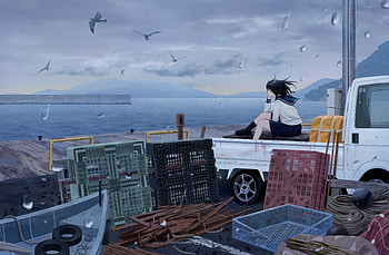 Anime Girl Sitting On Back Of The Truck Front Of The Wind, anime-girl, anime, artist, artwork, digital-art, pixiv HD wallpaper