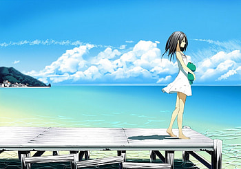 Summertime anime girl, teddy bear, anime, Beach, girl, dress, sun HD wallpaper