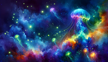 Bioluminescent Jellyfish, jellyfish, bioluminescence, cosmos, colorful, Digital Art HD wallpaper