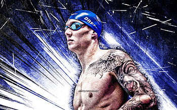 Caeleb Dressel, grunge art, american swimmer, creative, Caeleb Remel Dressel, blue abstract rays, Caeleb Dressel HD wallpaper