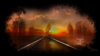 Rails to Autumn, train tracks, fall, Firefox Persona theme, sunrise, collage, trees, autumn, sunset, railroad HD wallpaper