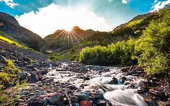 San Juan Forrest - Silverton, Colorado, creek, clouds, trees, sky, mountains, usa, stones HD wallpaper