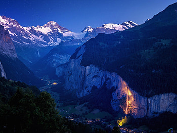 Lauterbrunnen Valley, Switzerland, night, valley, lauterbrunnen, snow, road, nature, stars, mountain HD wallpaper