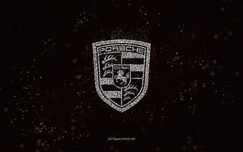 Porsche glitter logo, , black background, Porsche logo, white glitter art, Porsche, creative art, Porsche white glitter logo HD wallpaper
