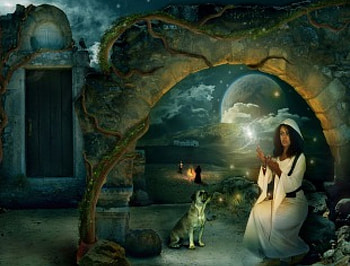 A Place in the Night, night, dog, place, moon, woman HD wallpaper