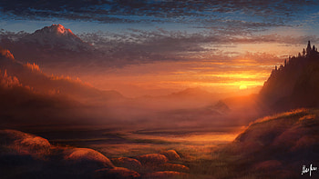 A Silent Dawn, sunset, nature, artist, artwork, digital-art, deviantart, fog, landscape HD wallpaper