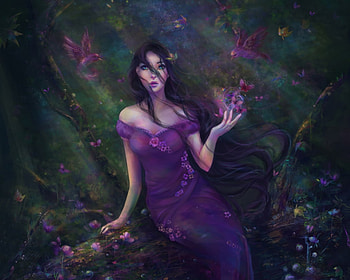 Yenna, purple, lunithea, bird, fantasy, green, girl, luminos HD wallpaper