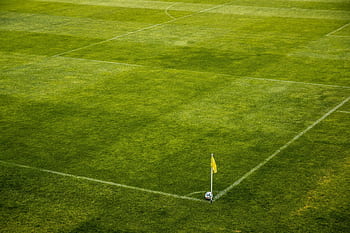 A vibrant green soccer field corner with a yellow flag and soccer ball, perfect for sports themes. HD wallpaper