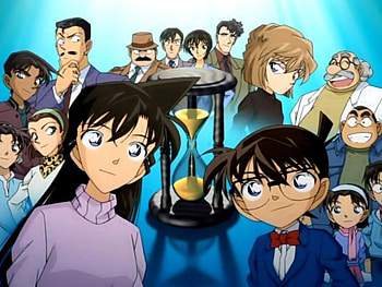Detective Conan, Megure, Sato, Hattori Heiji, Takagi, Ran Mouri, Sonoko Suzuki, Mouri Kogoro, Haibara Ai, Ayumi Yoshida, Genta, Conan Edogawa, Hourglass, Mitsuhiko, Agasa HD wallpaper