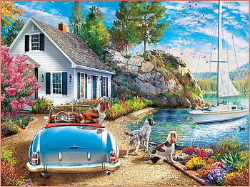 Afternoon Escape, boat, dogs, cottage, car, flowers HD wallpaper