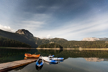 Nature, Mountains, Stars, Boats, Lake, Starry Sky, Wharf, Berth HD wallpaper