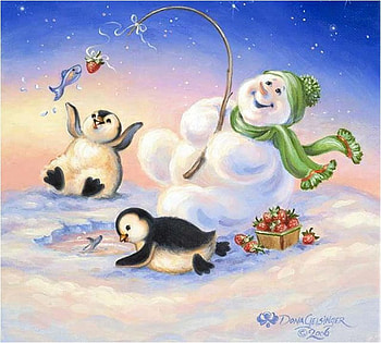 By Dona Gelsinger, art, cute, tree, dona gelsinger, snowman, penguin, holiday, painting, snow, christmas, ice HD wallpaper