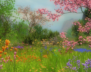 Pretty Sceenery, pink, orage, green, landscape, trees, nature, flowers, grass HD wallpaper