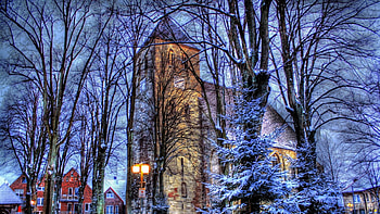 church in a german town in winter r, winter, town, trees, r, church HD wallpaper