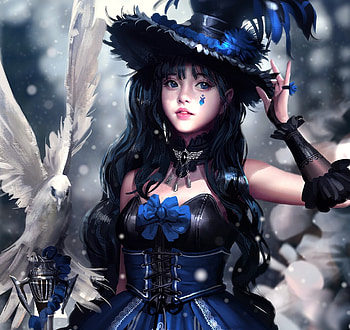 Fantasy girl, erak note, hat, winter, blue, white, dove, bird, art, girl, sniw, fantasy, iarna HD wallpaper