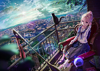 Balcony view, 108tooya, girl, cat, balcony, pisica, anime, scenic, view, manga HD wallpaper
