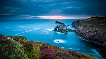Land's End, Cornwall, England, sky, rocks, sunset, coast, clouds HD wallpaper