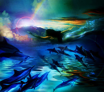 SWIM WITH DOLPHINS, blue, colorful, sunlight, woman, swim, fantasy, dolphins, world, friendship, water, ocean HD wallpaper