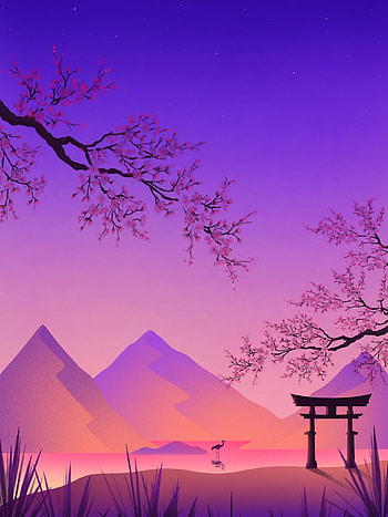 Art, Mountains, Violet, Sakura, Purple, Crane, Torii, Gate, Goal HD phone wallpaper