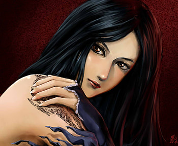 Castlevania: Order of Ecclesia, castlevania, tattoo, red eyes, girl, black hair, long hair, order of ecclesia, video game, video games, game, shanoa, female HD wallpaper