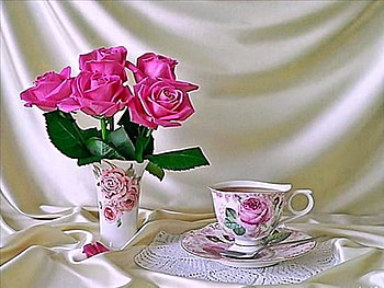 Roses and satin, rose theme, pink roses, satin, tea cup HD wallpaper