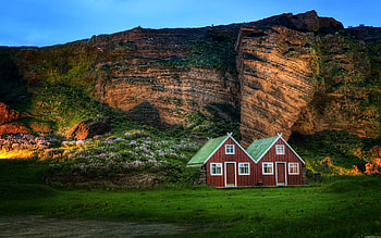 Nature, Houses, Rock, Mountain, Shine, Light, Iceland, Meadow, Small Houses HD wallpaper